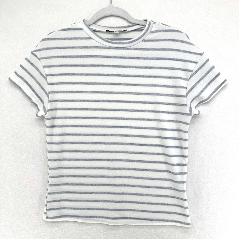 Green Envelope Striped Knit Top Women S White Grey Short Sleeve French Nautical